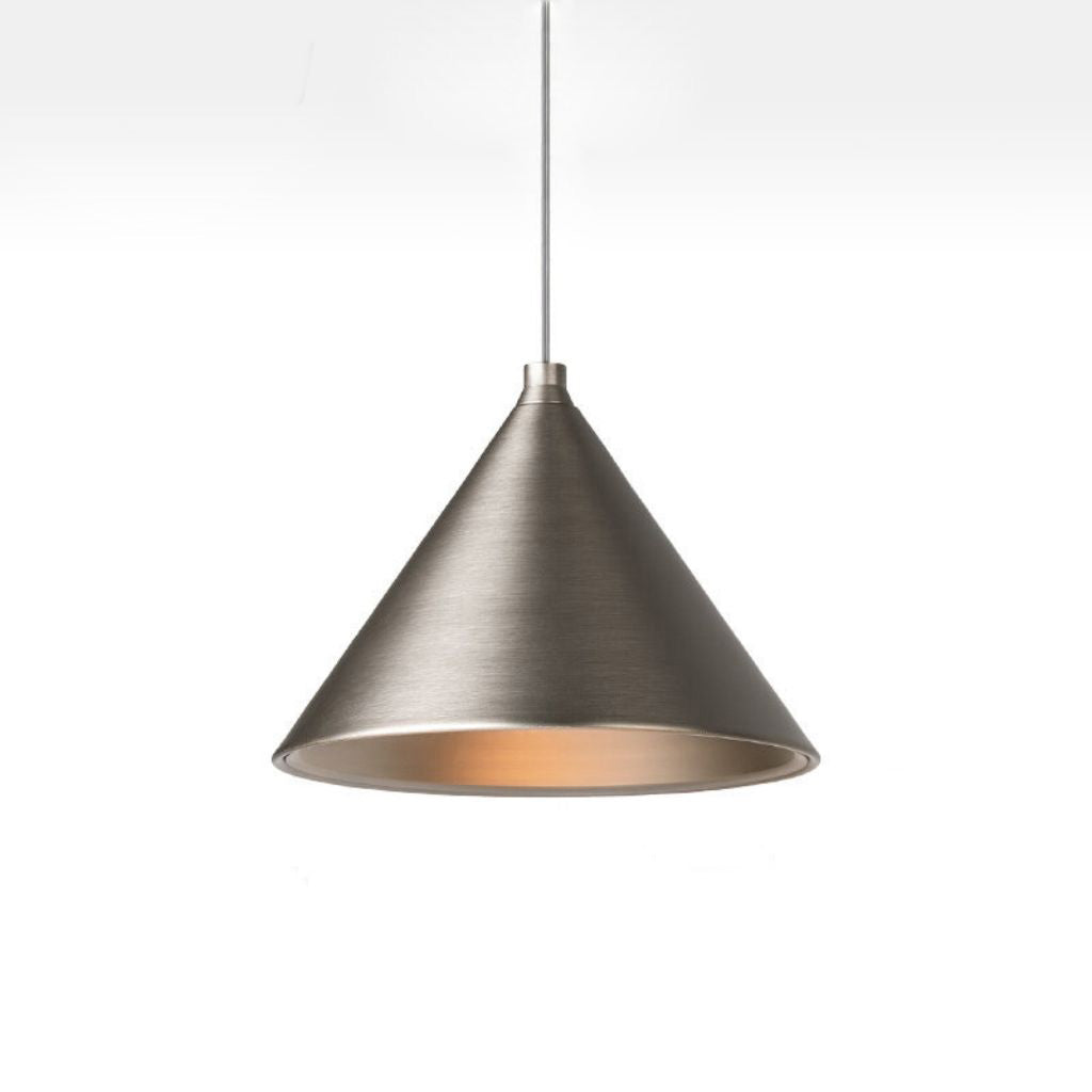 A modern cone-shaped pendant light with a brushed metal exterior and a warm copper-toned interior, suspended by a thin rod against a white background.