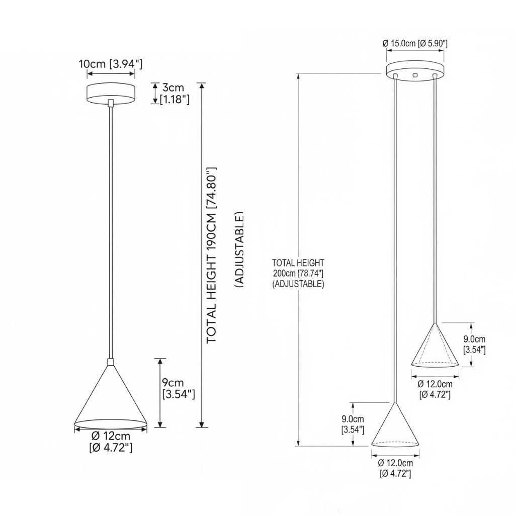 A black-and-white dimension diagram showing a hanging pendant light fixture from two angles, with labeled measurements for total height, top canopy diameter, cord length, and cone-shaped shade dimensions.