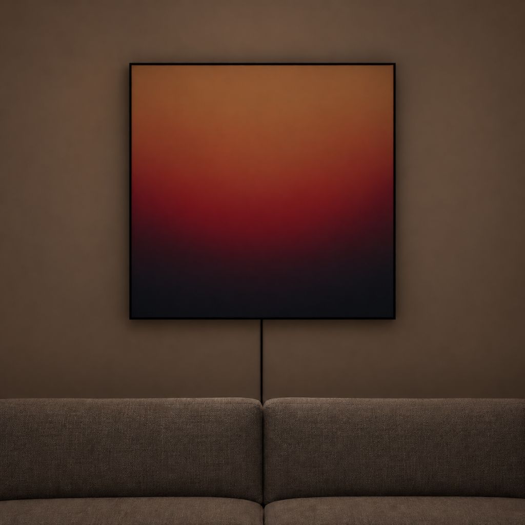 A square abstract wall art print with a gradient from warm orange and red to deep red and black, hanging on a brown wall above a gray sofa.